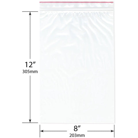Red Line 8x12 Inch 2 Mil Zipper Reclosable Bags Pack Of 100 Clear Poly Storage Bags For Food Snacks Photos Documents Crafts And Organization Safe LDPE Durable clear 8x12in bag with red zip line, shown with size markings
