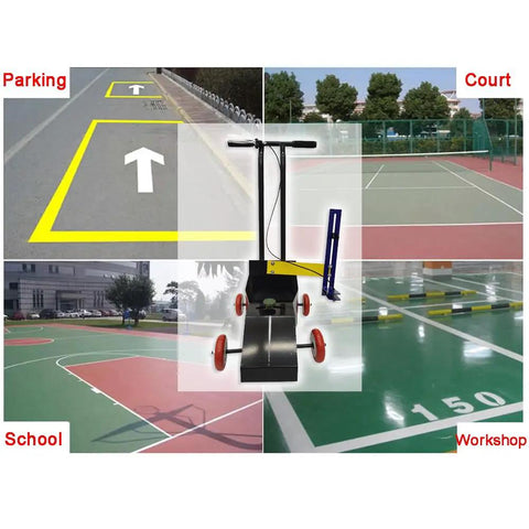 Heck Of A Multifunction Line Marking Machine That Renders Crisp Roads And Parking Lots With Zero Sweat Precision and Quick Width Tweaks For School Zones Or Garages, showcasing its use on various surfaces.