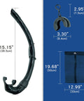 Roll Up Snorkel With Compact Organizer And Portable Mesh Bag For Scuba Diving Spearfishing Freediving And Snorkeling Food Grade Silicone Grommet Universal Fit image showing snorkel, case, and mesh bag dimensions.