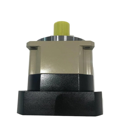 Top Shelf 5 Arcmin High Precision Helical Planetary Reducer Gearbox Featuring Dead On Ratios From 3:1 To 10:1 Crafted For Nema34 Stepper Motor Drives Yielding Rock Solid Smooth Operation Daily, showing front view with yellow output shaft.