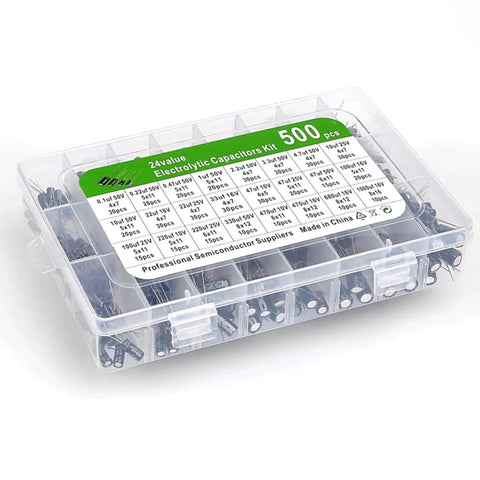 24 Value 500 Piece Aluminum Electrolytic Capacitor Kit For DIY Electronics Projects And Tinkerers With storage box and labels.
