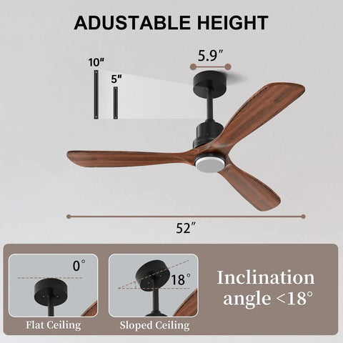 52 Inch Mainstay Ceiling Fan With Bright Led Glow And Zero Buzz Wireless Remote For Indoors Outdoors Solid Walnut Wood Design adjustable height details