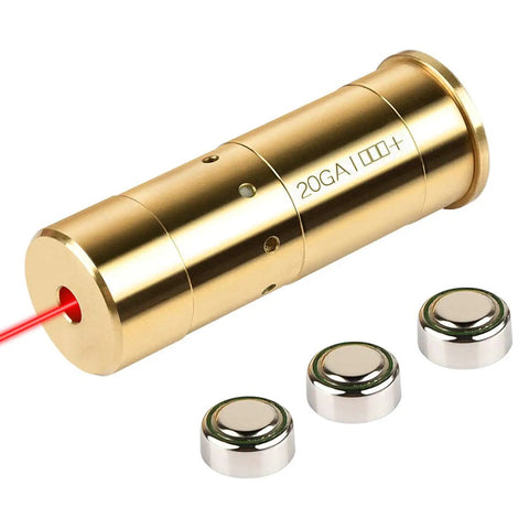20 Gauge Bore Sight Red Dot Boresighter Caliber Specific Sighting Tool For Fast Gun Zeroing And Precision Alignment Class IIIA Laser Under 5mW 15 To 100 Yards Range Includes Three AG13 Batteries Gold Finish