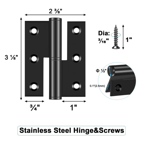 Black Lift Off Door Hinges 3 Inch Set Of 6 For Exterior And Interior Doors Removable Detachable Design Built To Last Rust Resistant 201 Stainless Steel With Matte Black Coating Left Hand Fit Cabinets Gates And Wood Doors. shown with 3/8 screw