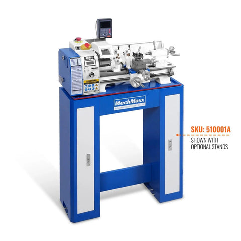 1.5 Inch Spindle Bore Metal Lathe With DRO, 8x16 Inch Benchtop Lathe, 1.5 HP Brushless Motor, Variable Speed 0-2500 RPM, on stand