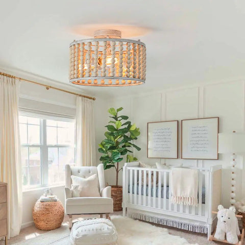 Wood Bead Chandelier Rustic Farmhouse Semi Flush Mount 3 Light Ceiling Fixture With E26 Base Oak Black Boho Bohemia Handmade Pendant