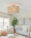Beaded Boho Chandelier With 3 Lights Handcrafted Oak Wood Beads Rustic Semi Flush Ceiling Light in a nursery room.