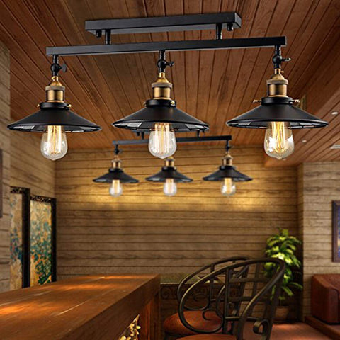 Industrial Vintage 3 Light Semi Flush Ceiling Mount Fixture in rustic room, metal design with E26 base, 3 bulbs visible, UL listed.
