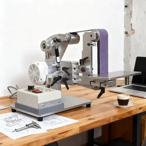 Powerhouse 750W Belt Sander With 915X50mm Sanding Belt For Metal And Wood Projects on a wooden table with blueprints.