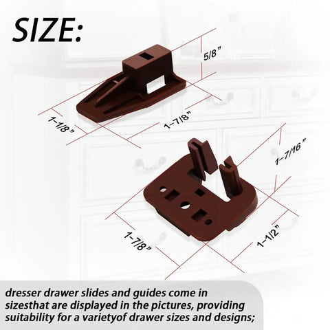 Heavy Duty Drawer Slide Repair Kit 10 Piece Set Reinforced Hard Plastic shown with size measurements for universal fit.