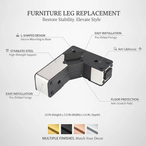Diagram of L Shaped Stainless Steel Furniture Leg Replacement For Sofas Beds Cabinets And More, 13 By 3.3 By 1.6 Inches, Heavy Duty
