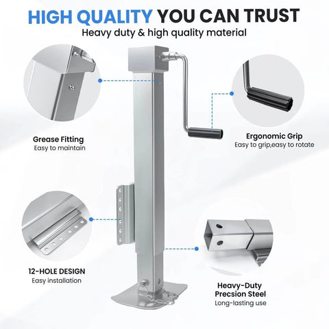 Detailed view of Heavy Duty 8000 Lb Trailer Jack With 28.8 Inch Lift, Cordless Drill Compatible 20-24V, showing grease fitting, ergonomic grip, 12-hole design, and precision steel.