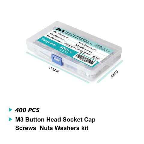 M3 Button Head Socket Cap Screws And Hex Nuts Assortment Kit With Flat And Lock Washers 400 pieces in clear storage box.