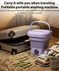 No Hustle Foldable Washing Machine With Three Deep Clean Settings And Super Chill Spin Dry for travel use next to suitcase and toiletries.