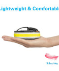 Rechargeable 2 LED Headlamp With Wide Beam And Red Tail Light, lightweight 3.8oz shown on hand for size comparison