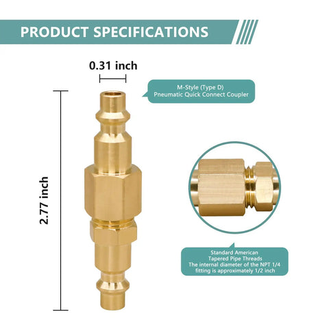Type D Quick Connect Air Hose Fitting Kit, 1 Quarter NPT Brass Plug And Coupler Set, product specifications shown
