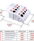 Diagram and dimensions of Dope Cable Railing Drill Guide Jig For Wood Posts 45 And 90 Degree Angles Visible Drilling Template Kit CT10.