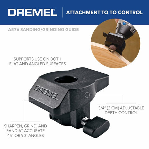 Dremel A576 sanding/grinding guide attachment for Go-To Powerful Rotary Tool Kit With Flex Shaft, 6 Attachments, 50 Accessories, And Case, Variable Speed 5,000-35,000 RPM, Ideal For Routing, Cutting, Sanding, Polishing, Engraving, Wood Carving And DIY Projects, with depth control and angle guide.