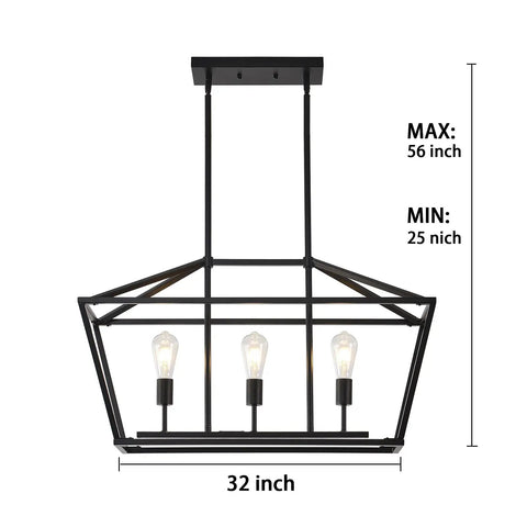 Farmhouse Linear Pendant Light Fixture For Kitchen Island Black 3 Light Cage Design Modern Contemporary Dining Room Lighting