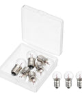 Six-Pack of E10 Miniature Screw Base Bulbs in clear storage box, 4.8V 2.4W glass and metal, suitable for gadgets and repairs.