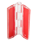 Crystal Clear Acrylic Hinges 4 Pack 1.37 x 1.77 Inch For Mini Cabinets Drawers Jewelry Boxes open wide against red background.
