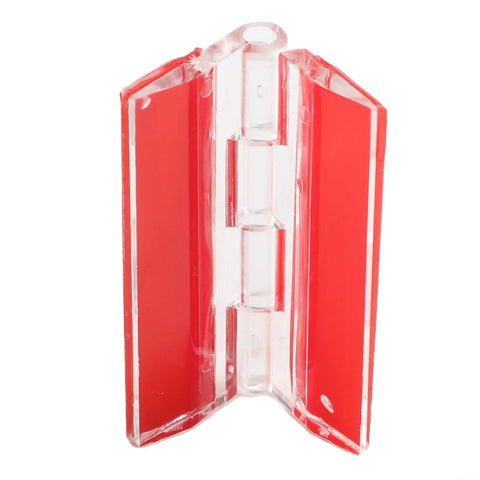Crystal Clear Acrylic Hinges 4 Pack 1.37 x 1.77 Inch For Mini Cabinets Drawers Jewelry Boxes open wide against red background.