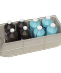 Heavy Duty Plastic Stacking Storage Bins In Beige Featuring A Six Pack Bundle With Reinforced Structural Frames For Rock Solid Load Support and Top Shelf Garage Organization System holding eight bottles inside.