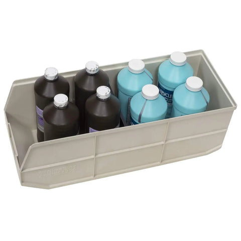 Heavy Duty Plastic Stacking Storage Bins In Beige Featuring A Six Pack Bundle With Reinforced Structural Frames For Rock Solid Load Support and Top Shelf Garage Organization System holding eight bottles inside.