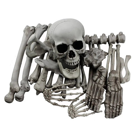 28 Piece Skeleton Bones And Skull Set For Halloween Decor with skull, hands, and bones on white background