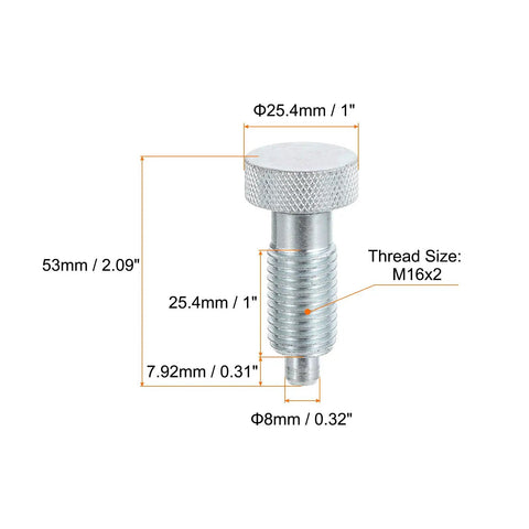 Kickass Rugged Two Pack Spring Plunger Pins M16x2 Thread With 8Mm Pin Diameter Solid Carbon Steel Build showing measurements and details.
