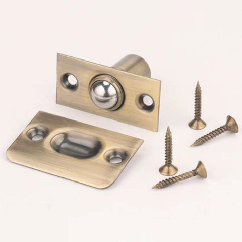 Stunning Golden Roller Latch With Adjustable Tension For Closet Cupboard Door Hidden Beads Lock Hardware on display with screws.