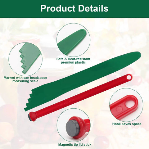 4 Piece Canning Kit With Magnetic Lid Lifter And Bubble Popper Heat Resistant Home Canning Tools In Red And Green product closeup