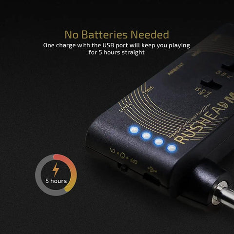 USB Rechargeable Portable Pocket Guitar And Bass Headphone Amp With Plug In Multi Effects showing 5-hour charge indicator