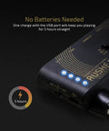 Close-up of rechargeable Pocket Guitar Headphone Amplifier with Multi Effects, five-hour playtime indication on the surface