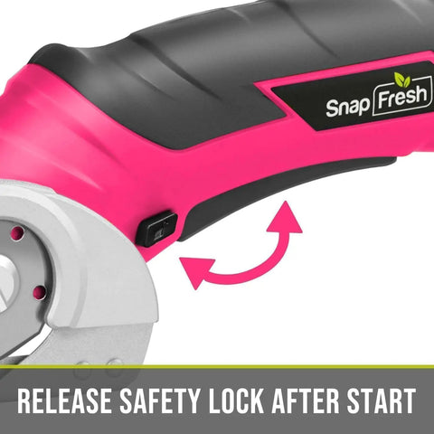 Close-up of the safety lock on Cordless Electric Scissors For Quick Unpacking And Crafting with a pink and black grip.