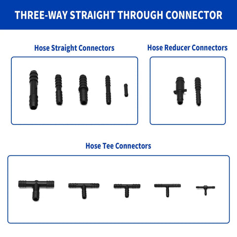 Collage of vacuum hose connectors: black nylon straight, reducer, and tee connectors in multiple sizes