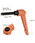 Four Pack Top Shelf Adjustable Clamping Lever Handles With M6 X 40mm Male Thread, bright orange aluminum handle detail with measurements.