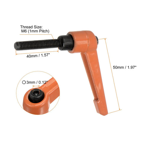 Four Pack Top Shelf Adjustable Clamping Lever Handles With M6 X 40mm Male Thread, bright orange aluminum handle detail with measurements.