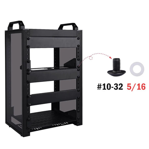 Top Shelf #10-32 X 5/16 Inch Pan Head Machine Screws With Flat Washers 30 Pack Black 304 Stainless Steel Heavy Duty Rackmount Hardware Kit For Deskpi Server Cabinet Setup with rack and screws displayed.