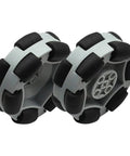 Front view of two 2.5-inch omni wheels with gray hubs and black rollers