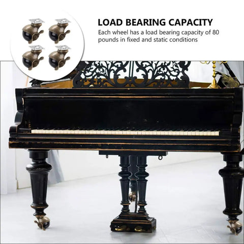 4 Pack Heavy Duty Vintage Brass Swivel Casters With Brake Smooth Rolling Universal Furniture Wheels Built Tough For Diy Workbenches And Slick Shop Drawers Ready To Roll under a grand piano with load capacity detail.