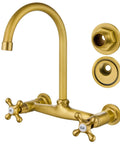 Antique Brass Wall Mount Kitchen Faucet With 8 Inch Center, 360 Degree Swivel Spout, visible components and attachments