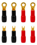 Heavy Duty 4 Gauge Speaker Wire Crimp Terminals With Fork And Round Ends Plus No Hassle Heat Shrink Sleeves for car audio connections.