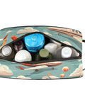 Air Travel Ready Cosmetic Bag For Women, Waterproof Makeup Organizer Pouch shown open with toiletries, airplane design