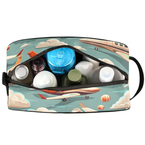 Air Travel Ready Cosmetic Bag For Women, Waterproof Makeup Organizer Pouch shown open with toiletries, airplane design