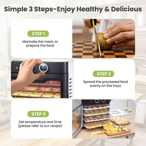 Real Deal Professional Grade Food Dehydrator Featuring Eight Heavy Duty Stainless Steel Trays And No Sweat Digital Controls For Smooth Jerky Fruit Meat Drying Daily showing step-by-step food preparation process.
