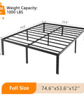 VINGLI 12 Inch Full Size Bed Frame Heavy Duty Metal Platform With Steel Slat Support No Box Spring Required Easy Assembly Noise Free Design Plus Ample 10.4 Inch Underbed Storage Space For Bedroom Organization Black, showing dimensions and weight capacity.