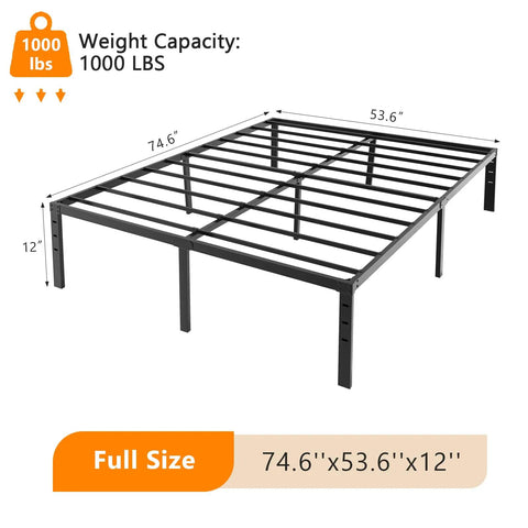 VINGLI 12 Inch Full Size Bed Frame Heavy Duty Metal Platform With Steel Slat Support No Box Spring Required Easy Assembly Noise Free Design Plus Ample 10.4 Inch Underbed Storage Space For Bedroom Organization Black, showing dimensions and weight capacity.