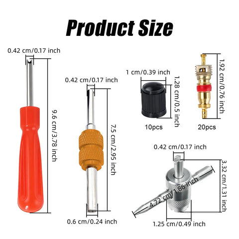 All In One Tire Valve Stem Removal Tool Set With 20 Valve Cores And 10 Caps, showing size dimensions for various components.