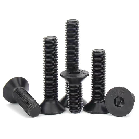 Flat Head Socket Cap Screws M1.6 X 5mm, 10.9 Grade Alloy Steel, DIN 7991, Black Oxide Finish, Allen Drive, Countersunk Bolts, displayed